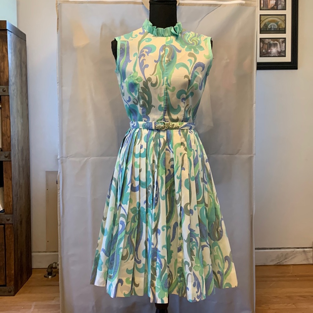 Vintage Multi Colored Pleated Dress with Belt